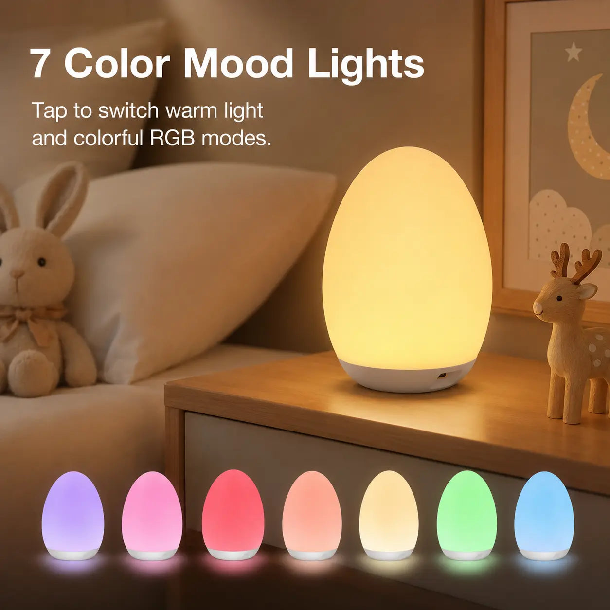 Kids RGB Egg Night Light - Rechargeable Touch Control Lamp, 7 RGB Colors | Portable for Baby | Halloween & Christmas Decor Gift | Summervibes