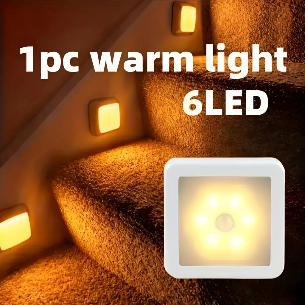 3PC Smart Motion Sensor LED Night Light, 6-LED Wireless Wall Light with Auto On/Off Detection, Energy Saving Indoor Lighting for Hallway, Stairs, Bedroom, Living Room and Garage, Modern Square Safety Light for Home, Office and Apartment Decor