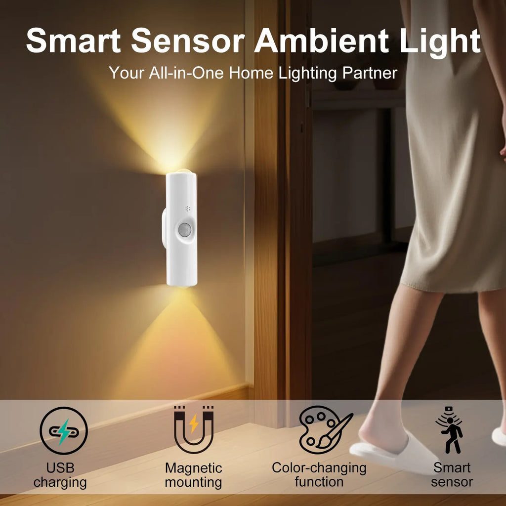 2 Pack Smart Rechargeable LED Night Light with Motion Sensor – RGB Gradient Ambient Lighting, Dimmable Wall Lamp, Magnetic & Stick-On Design, USB Convenient Charging, Long-Lasting Battery, Perfect for Halloween Decor, Bedroom, Stairs, Hallway & Entryway