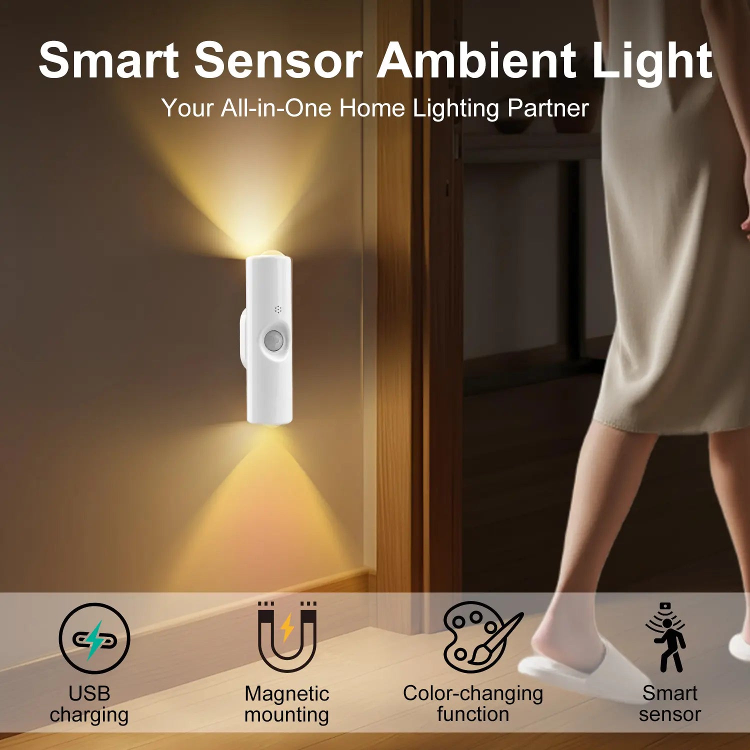 2 Pack Smart Rechargeable LED Night Light with Motion Sensor – RGB Gradient Ambient Lighting, Dimmable Wall Lamp, Magnetic & Stick-On Design, USB Convenient Charging, Long-Lasting Battery, Perfect for Halloween Decor, Bedroom, Stairs, Hallway & Entryway