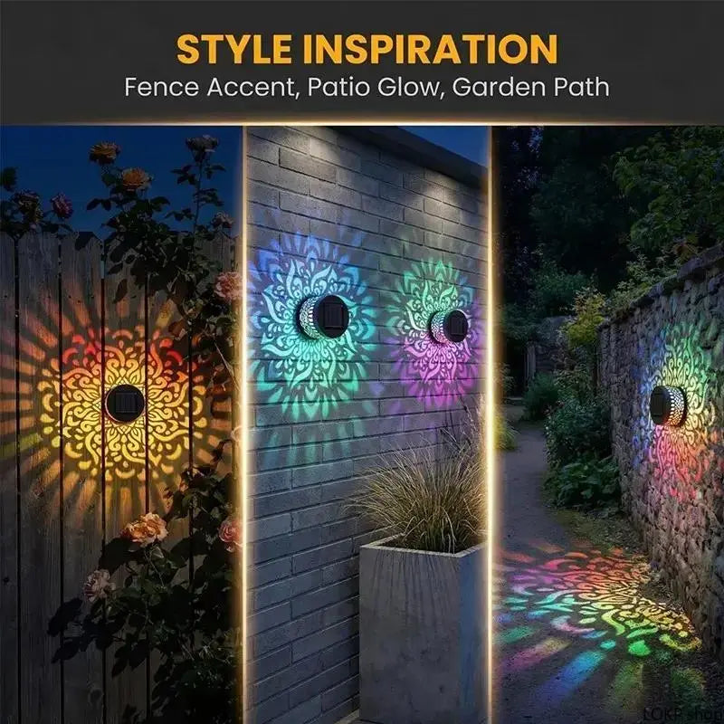 Solar Mandala Projector Wall Lights, 7 Color Changing Waterproof Metal Fence Light, Outdoor Decor for Garden, Patio, Backyard, Courtyard, Outdoor Decorative Lights, Patio Lighting, Solar Powered Lighting