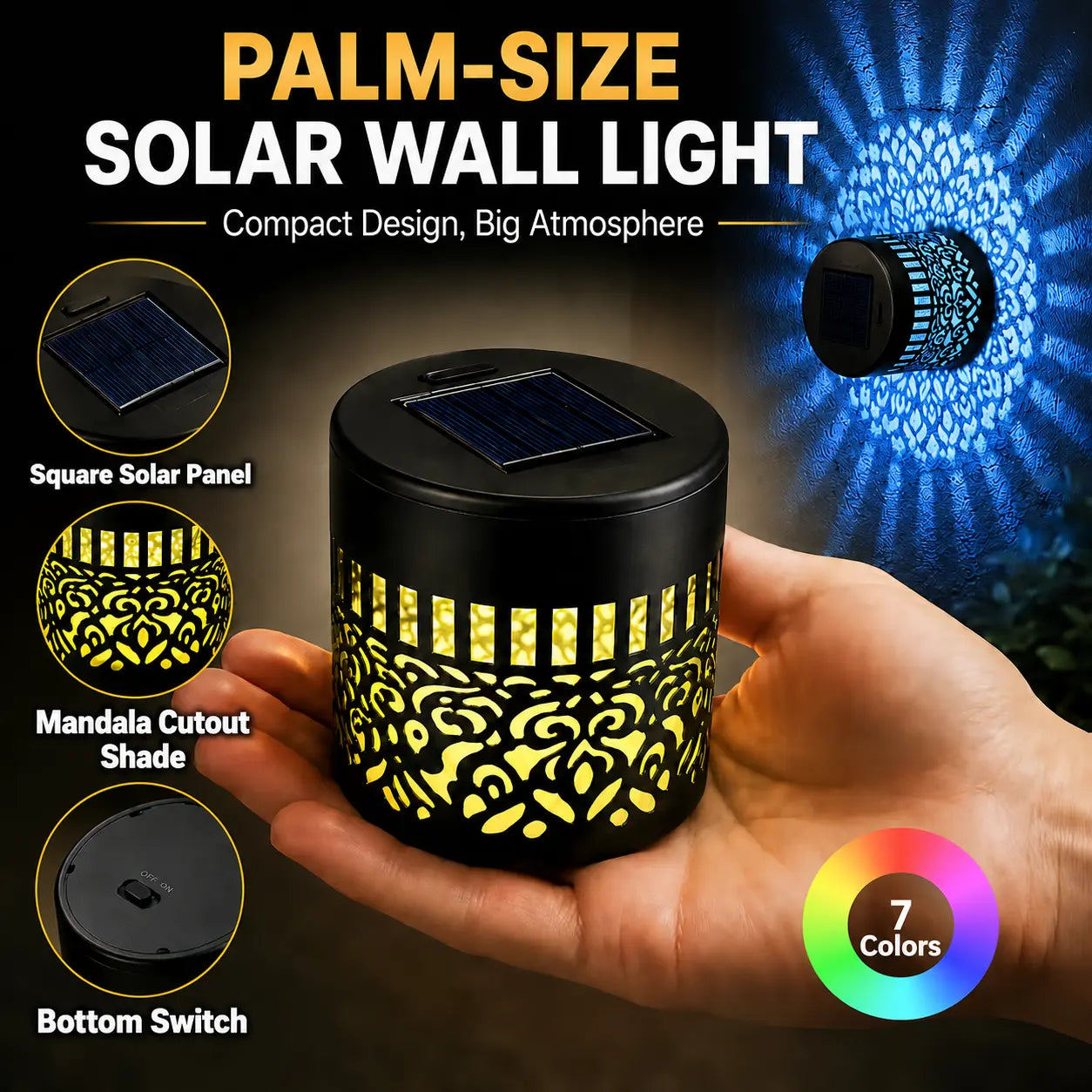 2 Pack Solar Mandala Wall Lights Outdoor, 7 Color Changing Waterproof Solar Fence Lights for Garden Patio Yard Backyard Decor