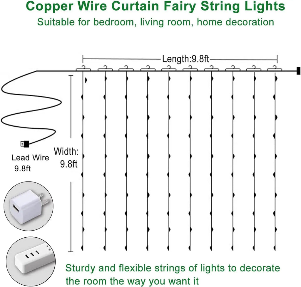 2 Packs 300 LED Curtain String Lights with 8 Modes & Remote Control 9.8x9.8ft Waterproof Indoor Outdoor Decor for Christmas Weddings Party Bedroom Wall Window Super-Bright Flashing Lights