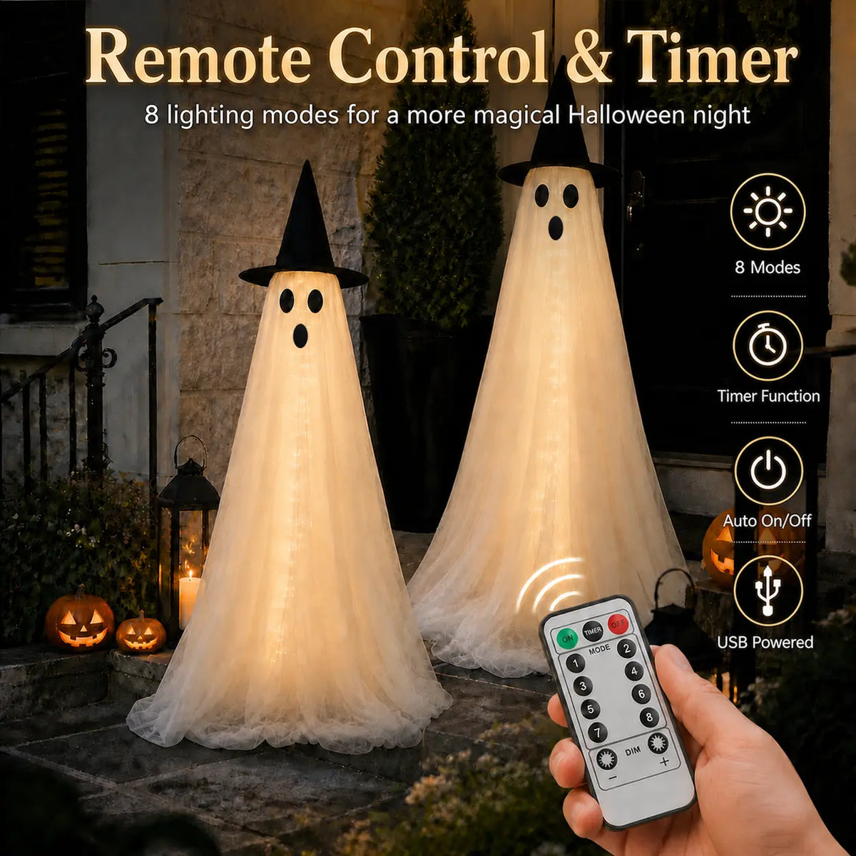 2-Pack 5Ft Halloween Spooky Lighted Ghost Decor Set, Indoor Outdoor Decorative Wind-Resistant Party Decoration Set with String Lights, Waterbags & Hats for Porch Yard, Lighted Party