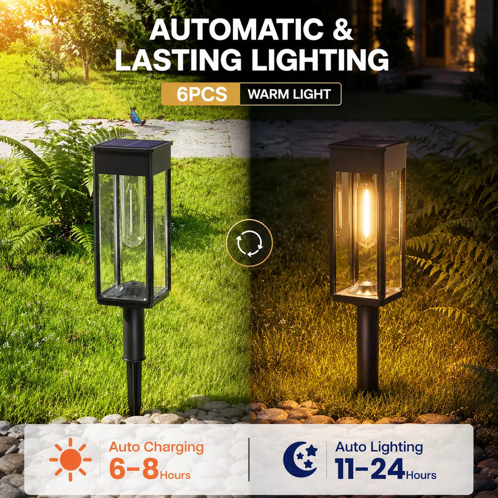 6 Pack Solar Pathway Lights Outdoor, Warm White Waterproof Garden Stake Lights, Auto On/Off Solar Landscape Lighting for Walkway, Yard, Driveway, Patio & Flower Bed