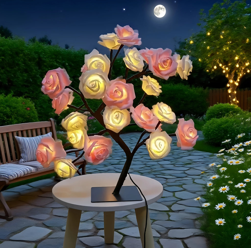 Romantic Rose Tree Lamp USB Plug-in Model Home Decor Party Lights Pink & White Table Lamp for Bedroom Living Room Ideal Gift for Birthdays summerwins