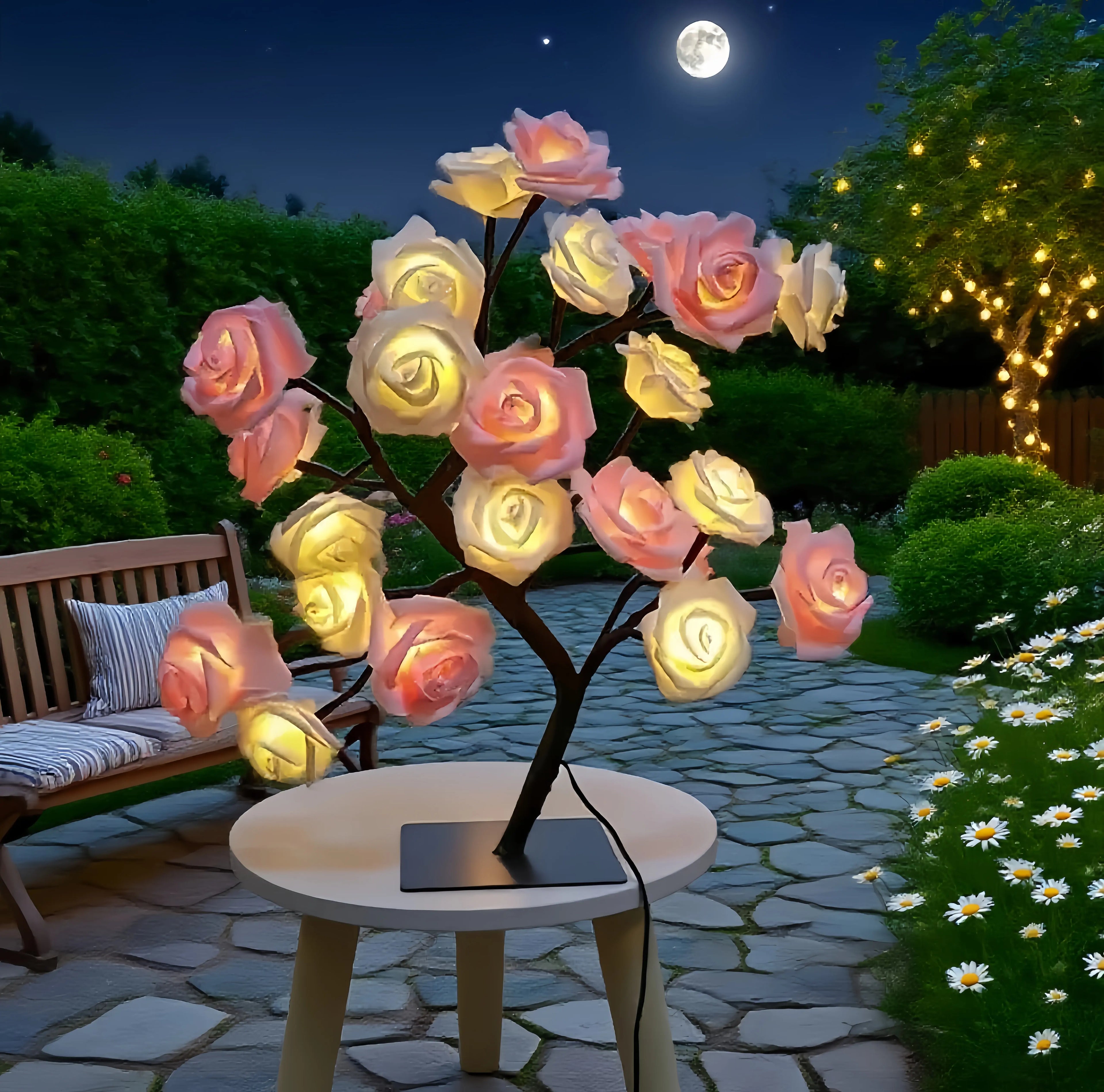 Romantic Rose Tree Lamp USB Plug-in Model Home Decor Party Lights Pink & White Table Lamp for Bedroom Living Room Ideal Gift for Birthdays summerwins