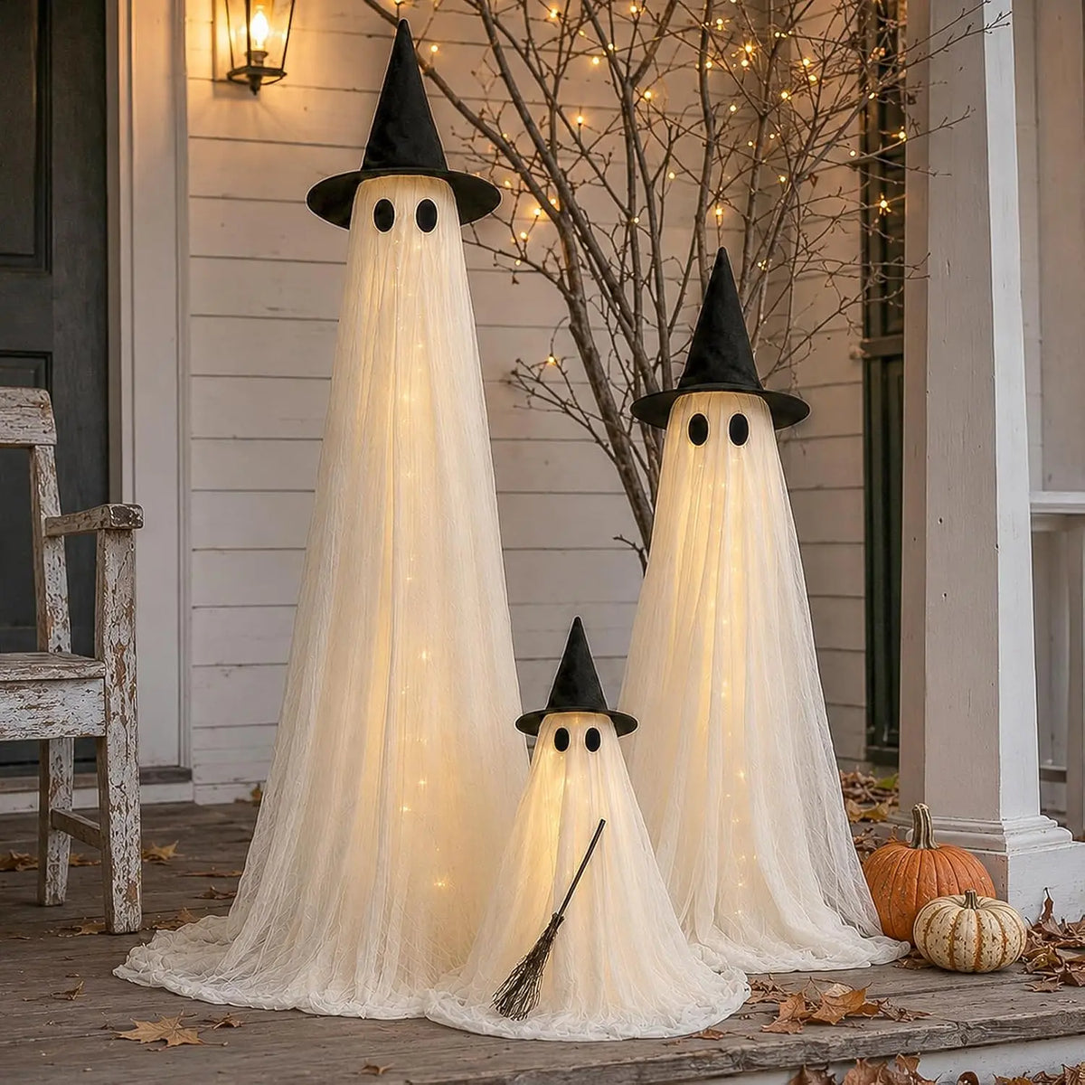 2-Pack 5Ft Halloween Spooky Lighted Ghost Decor Set, Indoor Outdoor Decorative Wind-Resistant Party Decoration Set with String Lights, Waterbags & Hats for Porch Yard, Lighted Party