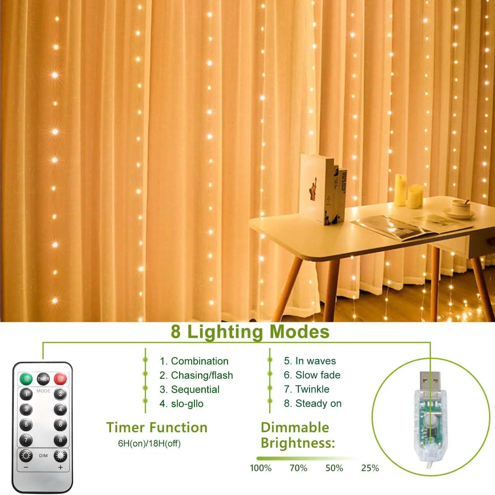 2 Packs 300 LED Curtain String Lights with 8 Modes & Remote Control 9.8x9.8ft Waterproof Indoor Outdoor Decor for Christmas Weddings Party Bedroom Wall Window Super-Bright Flashing Lights