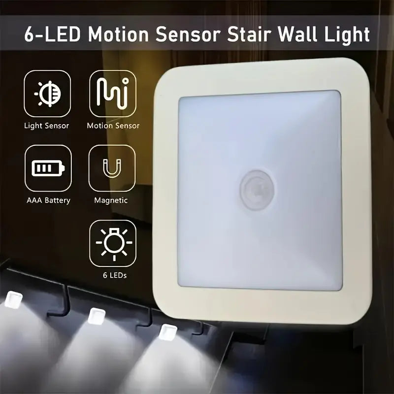 3PC Smart Motion Sensor LED Night Light, 6-LED Wireless Wall Light with Auto On/Off Detection, Energy Saving Indoor Lighting for Hallway, Stairs, Bedroom, Living Room and Garage, Modern Square Safety Light for Home, Office and Apartment Decor