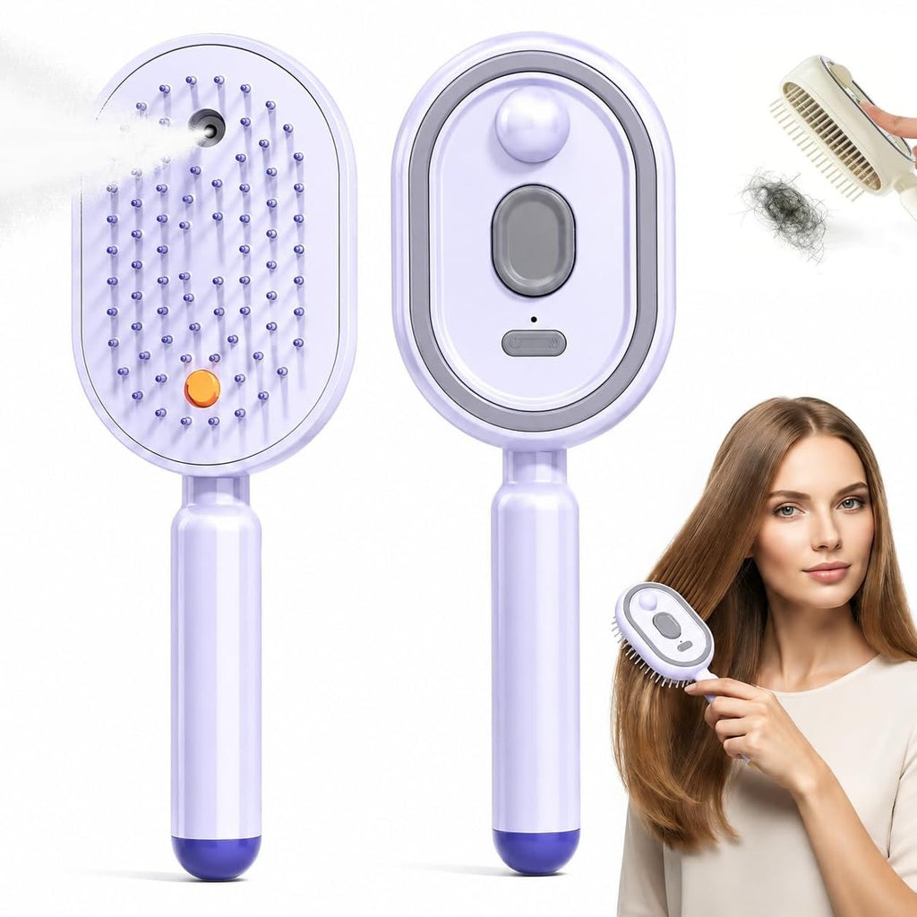 Electric Spray Air Cushion Massage Comb – Rechargeable 5-in-1 Steam Brush for Hair with Self-Cleaning, Anti-Tangle, Scalp Massage for Frizz Control, Wet/Dry and Curly Hair Care (Pink)