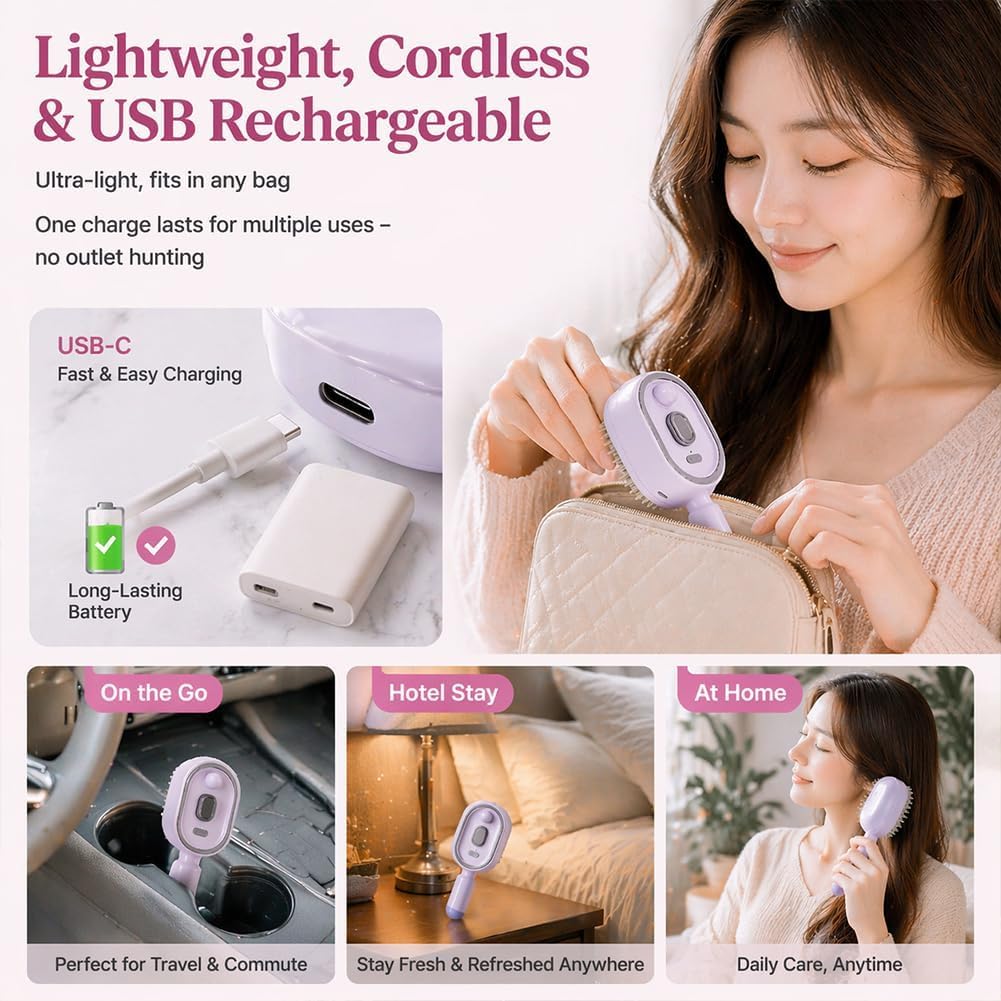 Electric Spray Air Cushion Massage Comb – Rechargeable 5-in-1 Steam Brush for Hair with Self-Cleaning, Anti-Tangle, Scalp Massage for Frizz Control, Wet/Dry and Curly Hair Care (Pink)