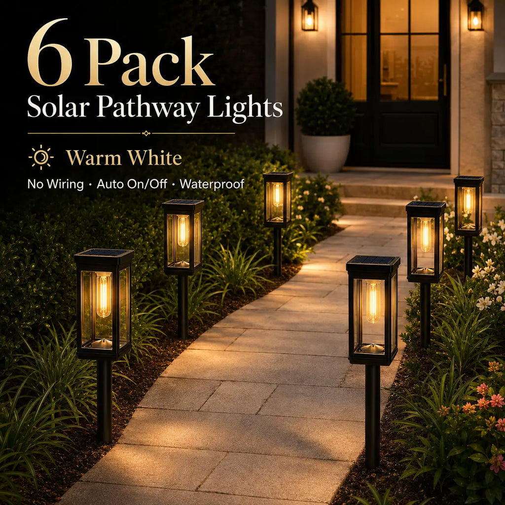 6 Pack Solar Pathway Lights Outdoor, Warm White Waterproof Garden Stake Lights, Auto On/Off Solar Landscape Lighting for Walkway, Yard, Driveway, Patio & Flower Bed