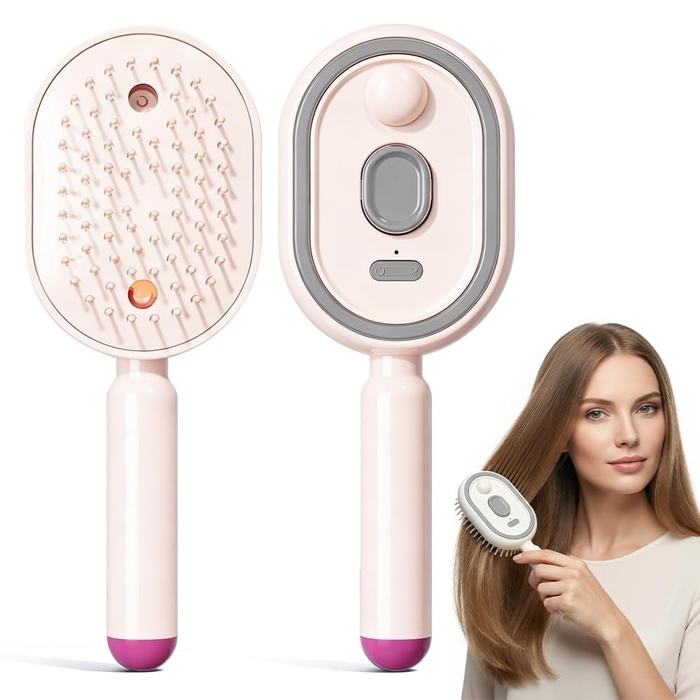 Electric Spray Air Cushion Massage Comb – Rechargeable 5-in-1 Steam Brush for Hair with Self-Cleaning, Anti-Tangle, Scalp Massage for Frizz Control, Wet/Dry and Curly Hair Care (Pink)
