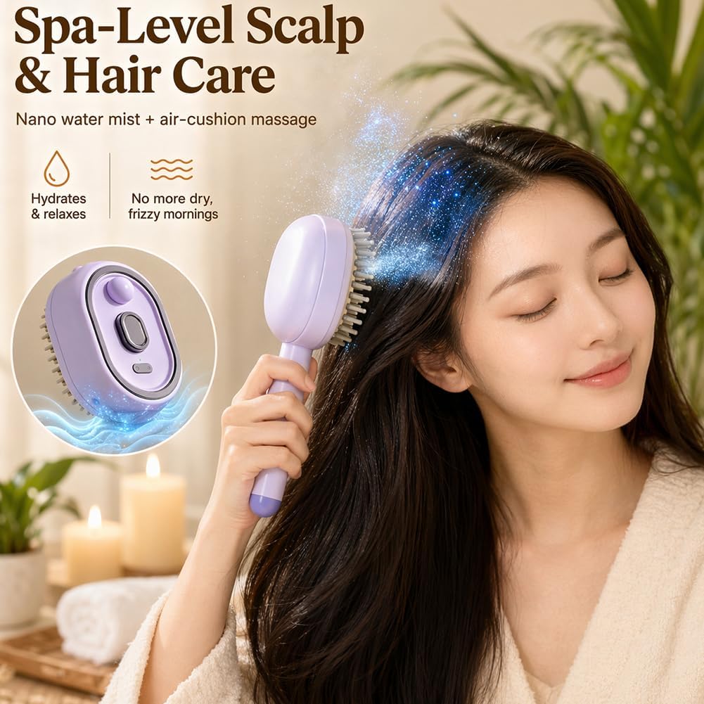 Electric Spray Air Cushion Massage Comb – Rechargeable 5-in-1 Steam Brush for Hair with Self-Cleaning, Anti-Tangle, Scalp Massage for Frizz Control, Wet/Dry and Curly Hair Care (Pink)