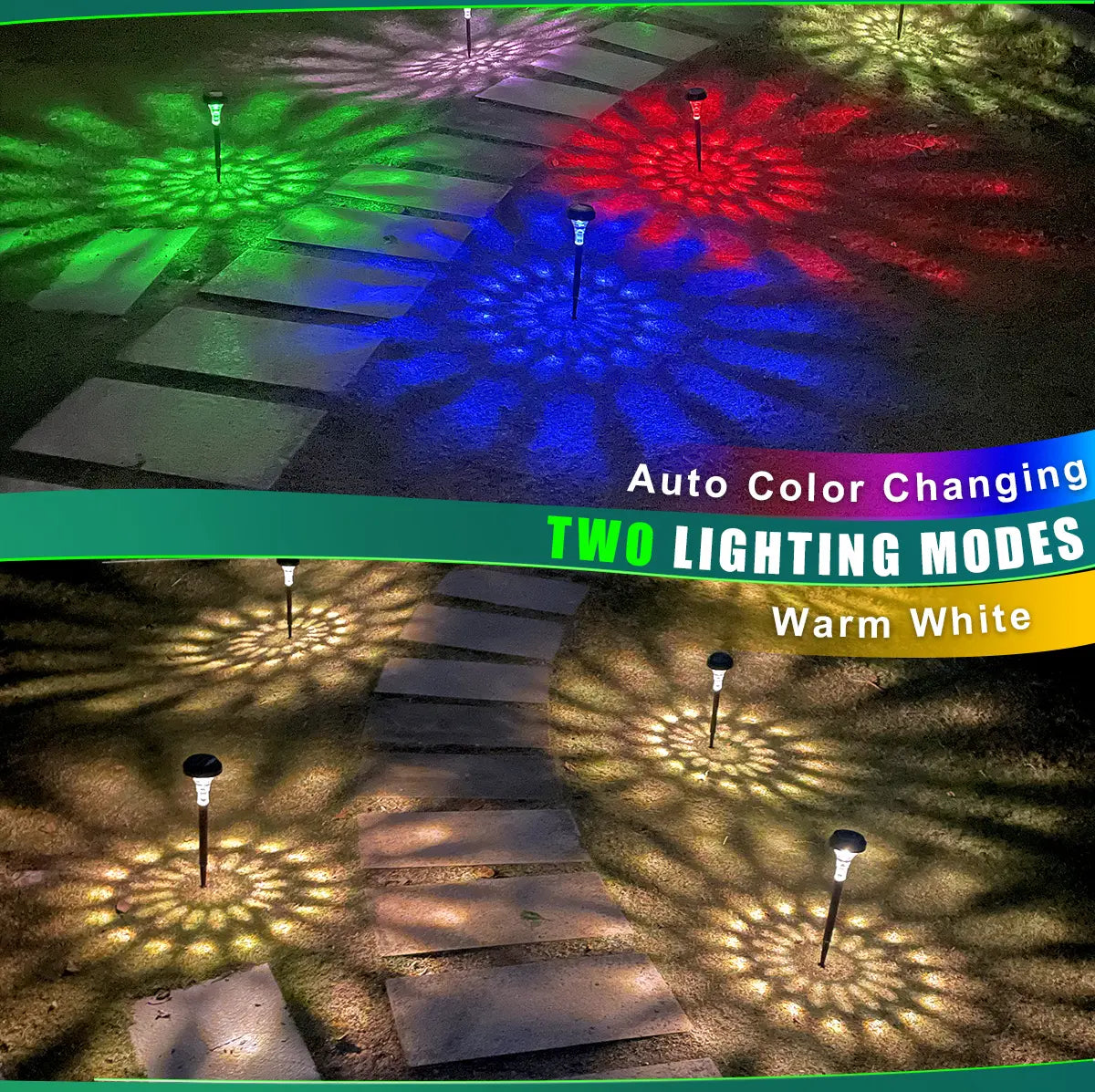 Nupostai Bright Solar Pathway Lights, Color Changing & Warm White, IP67 Waterproof, Auto Work, Sunflower Pattern, Outdoor Garden Lights for Walkway, Yard, Backyard, Patio, Landscape Decor, Halloween, Christmas