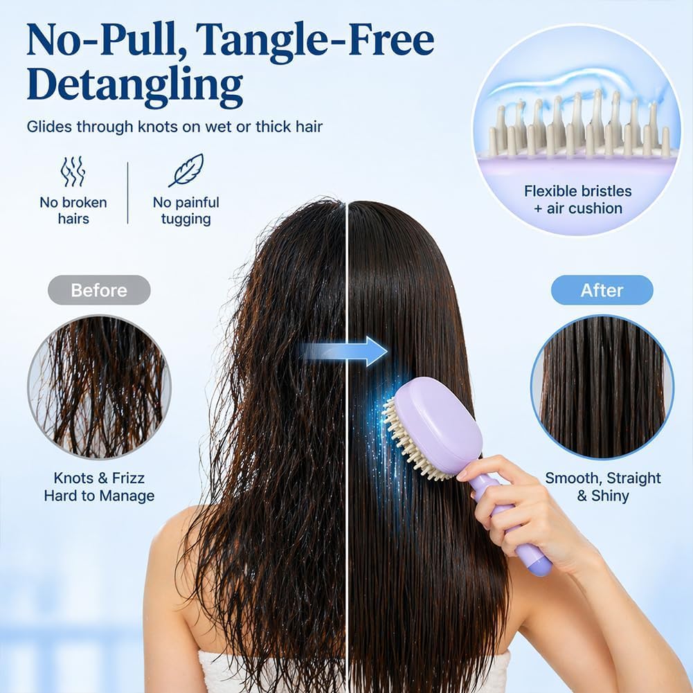 Electric Spray Air Cushion Massage Comb – Rechargeable 5-in-1 Steam Brush for Hair with Self-Cleaning, Anti-Tangle, Scalp Massage for Frizz Control, Wet/Dry and Curly Hair Care (Pink)
