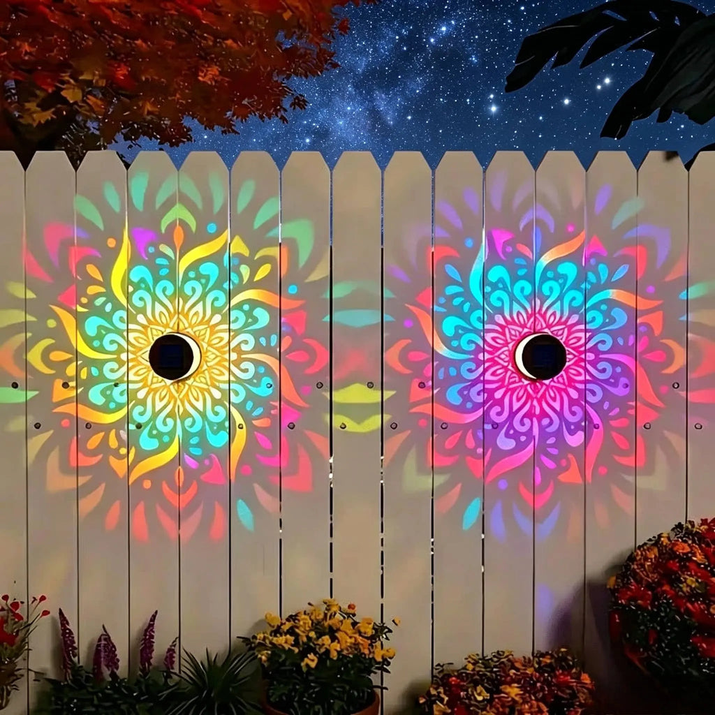 Solar Mandala Projector Wall Lights, 7 Color Changing Waterproof Metal Fence Light, Outdoor Decor for Garden, Patio, Backyard, Courtyard, Outdoor Decorative Lights, Patio Lighting, Solar Powered Lighting