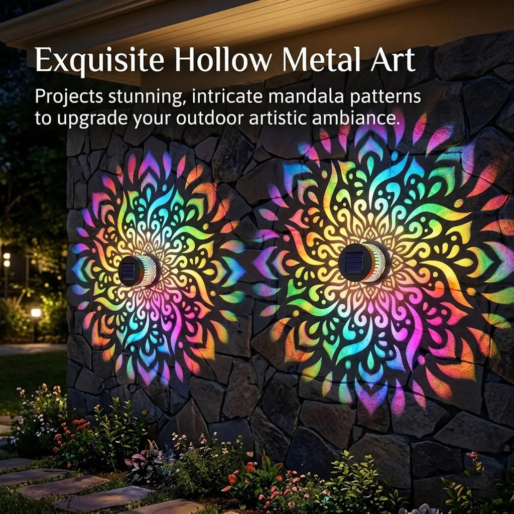 Solar Mandala Projector Wall Lights, 7 Color Changing Waterproof Metal Fence Light, Outdoor Decor for Garden, Patio, Backyard, Courtyard, Outdoor Decorative Lights, Patio Lighting, Solar Powered Lighting