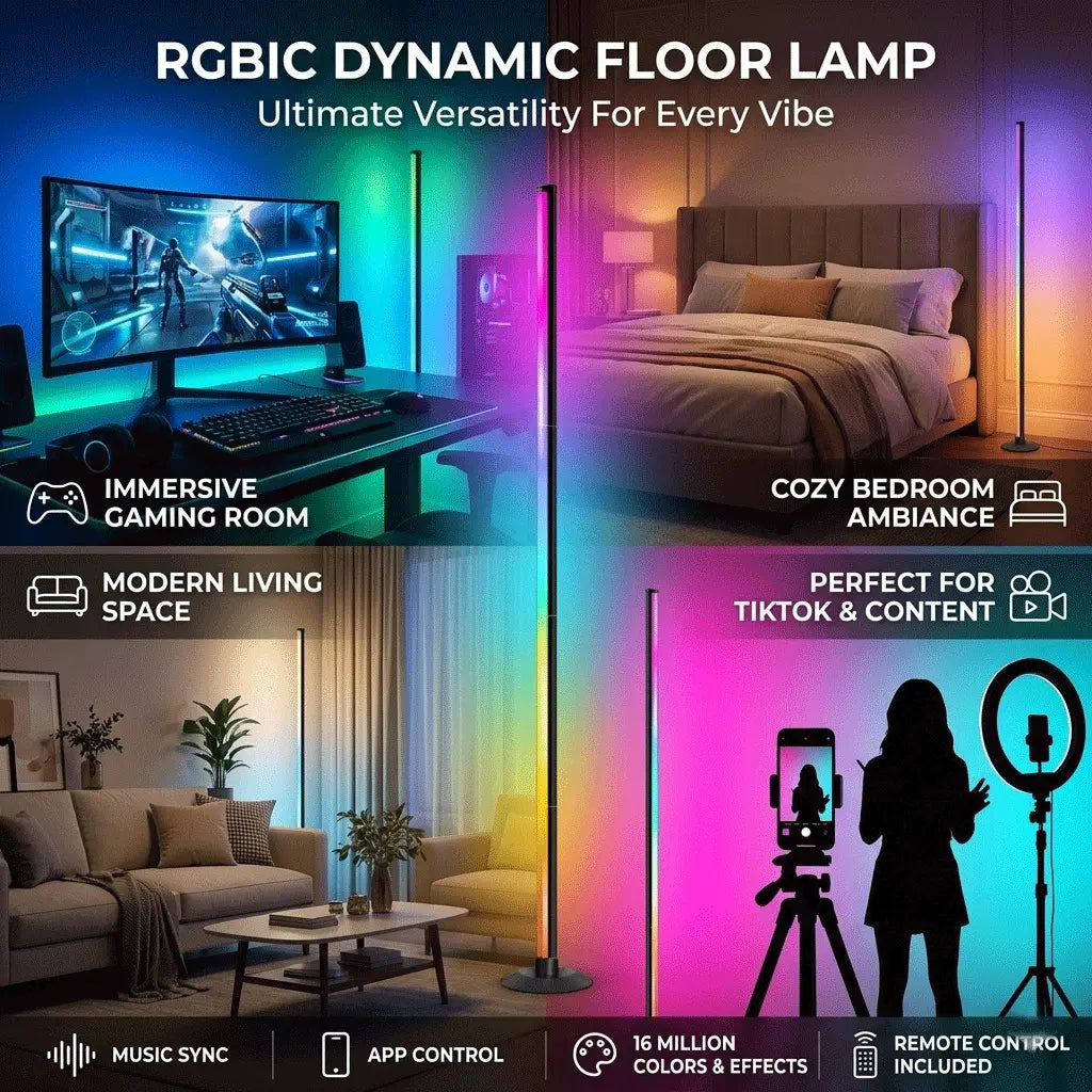 Smart RGBIC LED Floor Lamp with Segmented Rainbow Lighting, Timer and Night Light Mode, APP Control and Remote Control, Modern Corner Lamp for Home Office, Bedroom, Living Room, Gaming Room, Studio and Entertainment Space