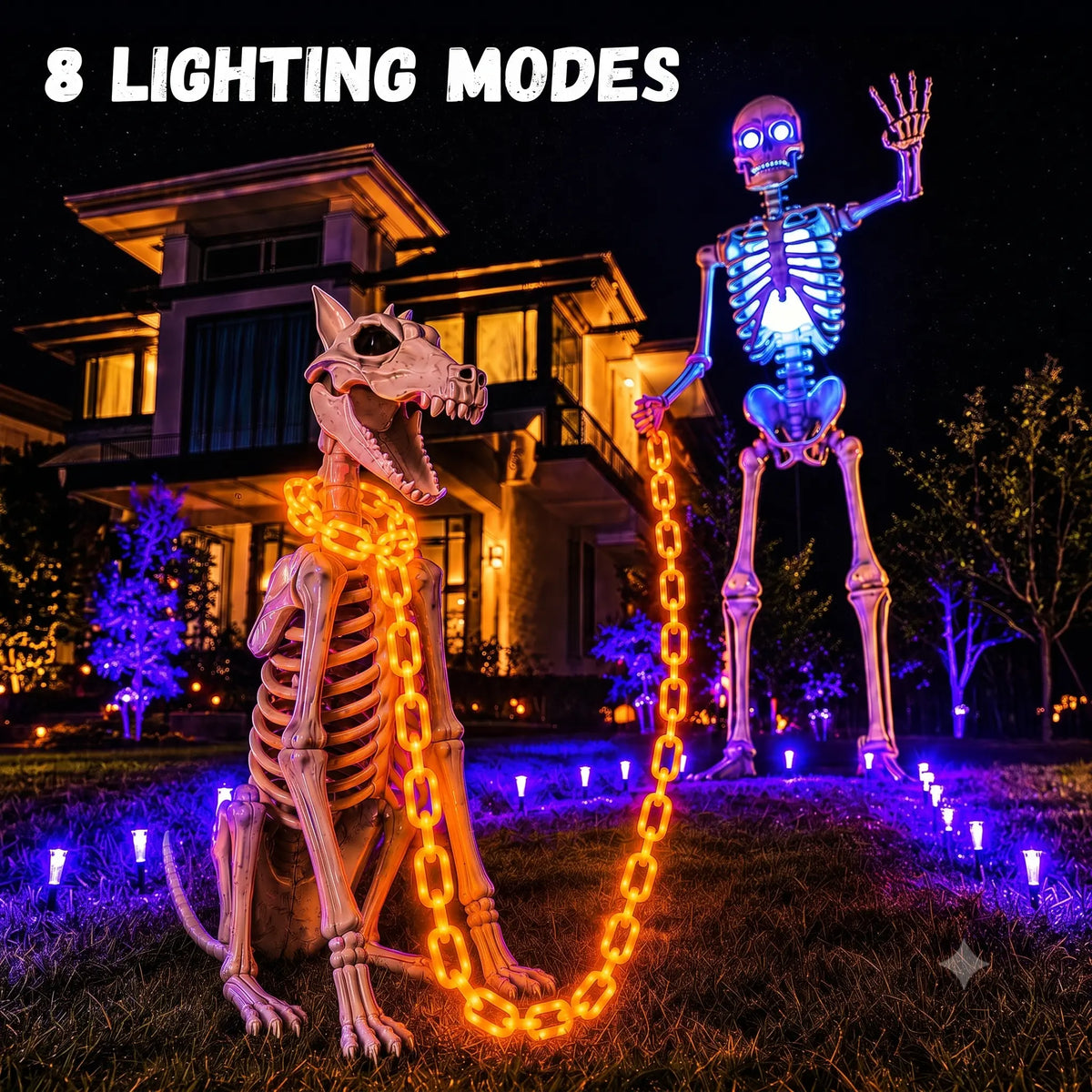 Flacchi Outdoor Halloween Chain Lights  (Solar/Battery)  160 LEDs. Waterproof plastic, 8 lighting modes. Perfect spooky hanging decor for Halloween parties, bushes, fences, and patios. Orange/Purple