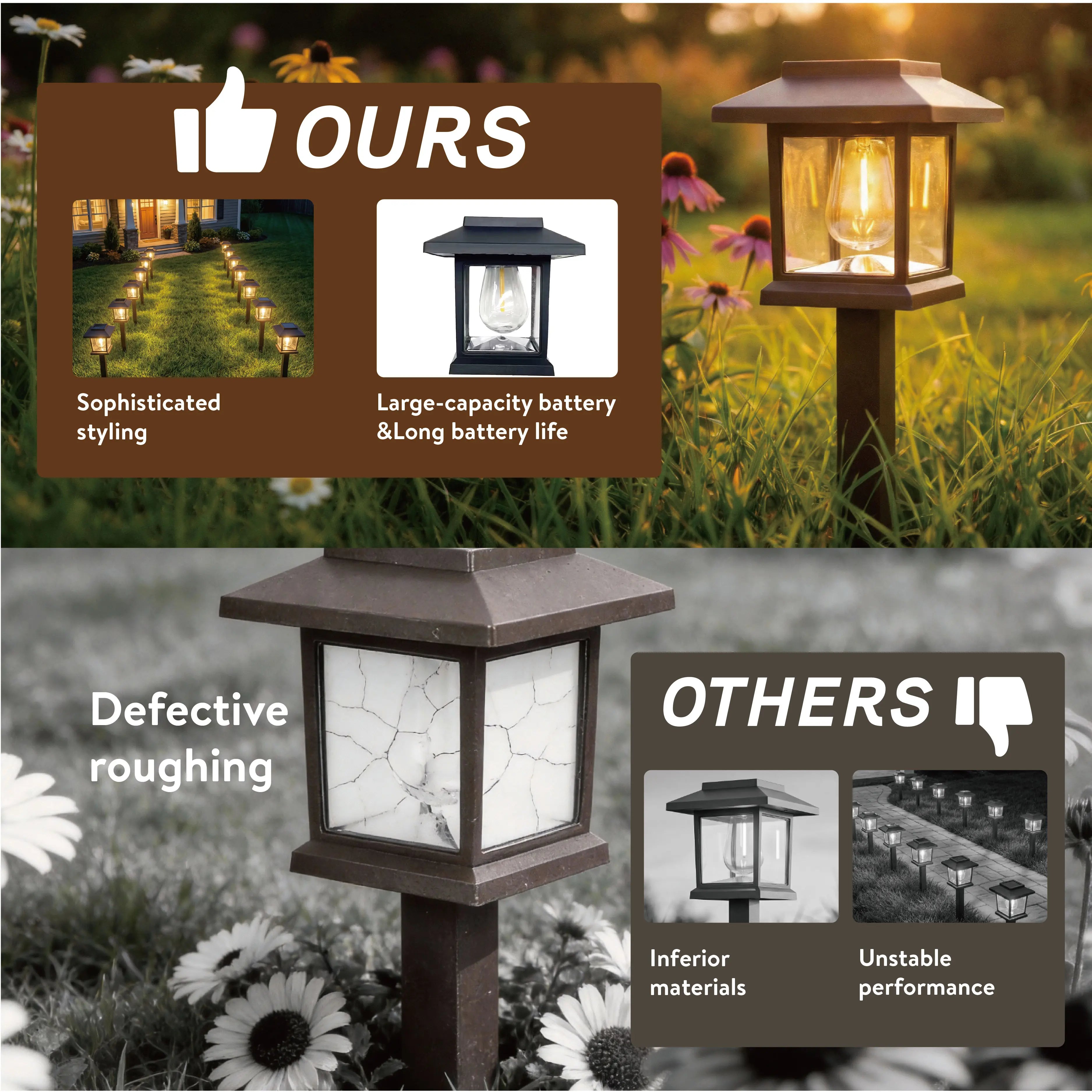 Hoodink 12 Pcs Upgraded LED Solar Pathway Light Waterproof Outdoor Garden Lighting for Driveway Walkway Patio Lawn Warm White 3000K IP44 Easy Installation Brown Hard Plastic Finish Energy Saving Decorative Pathway Lights