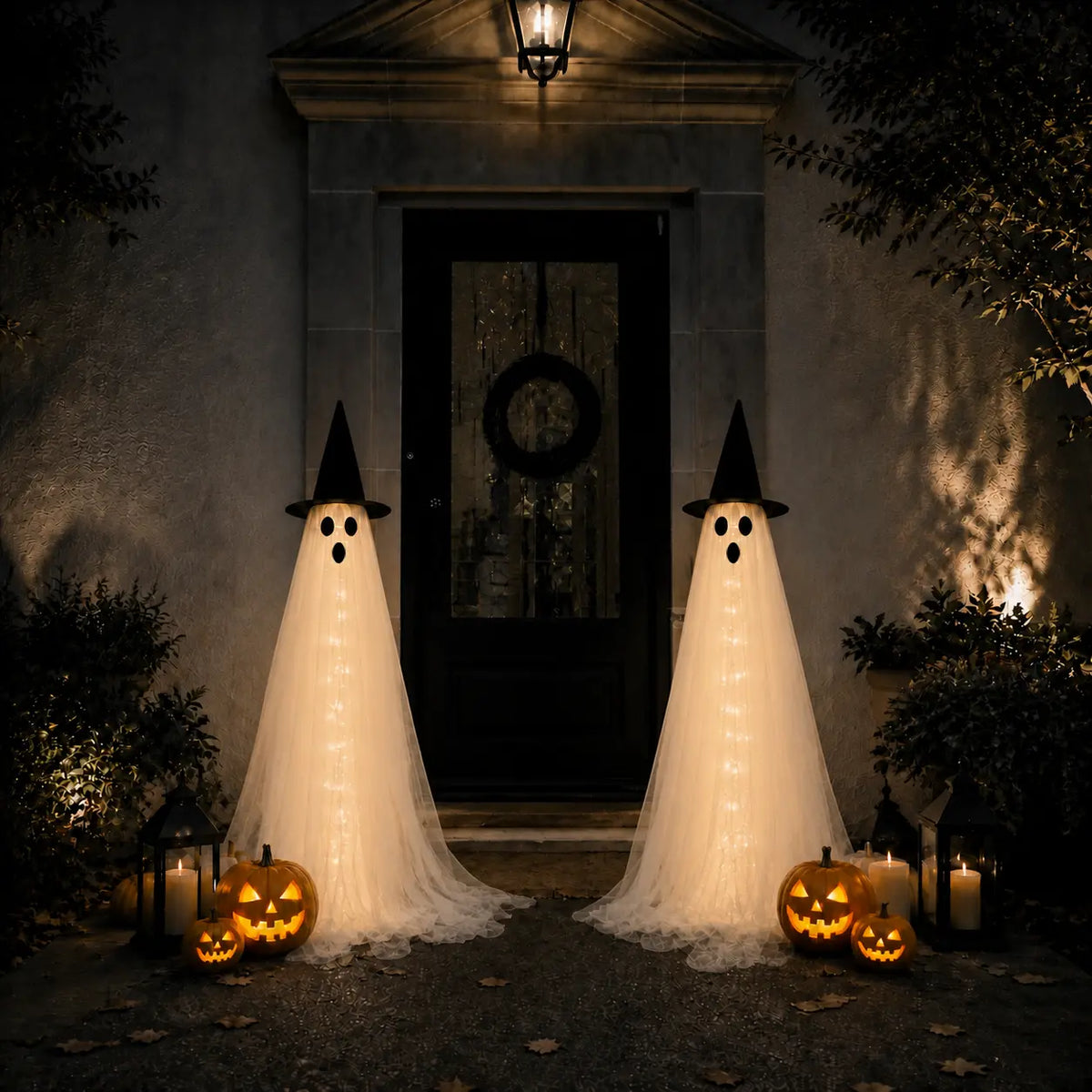 2-Pack 5Ft Halloween Spooky Lighted Ghost Decor Set, Indoor Outdoor Decorative Wind-Resistant Party Decoration Set with String Lights, Waterbags & Hats for Porch Yard, Lighted Party