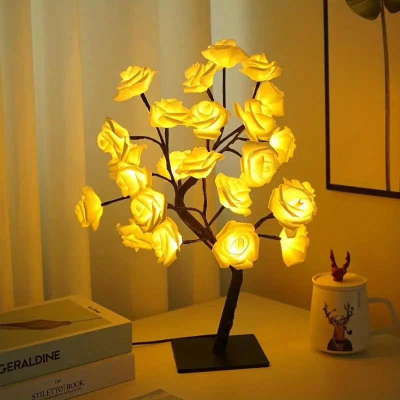 Romantic Rose Tree Lamp USB Plug-in Model Home Decor Party Lights Pink & White Table Lamp for Bedroom Living Room Ideal Gift for Birthdays summerwins