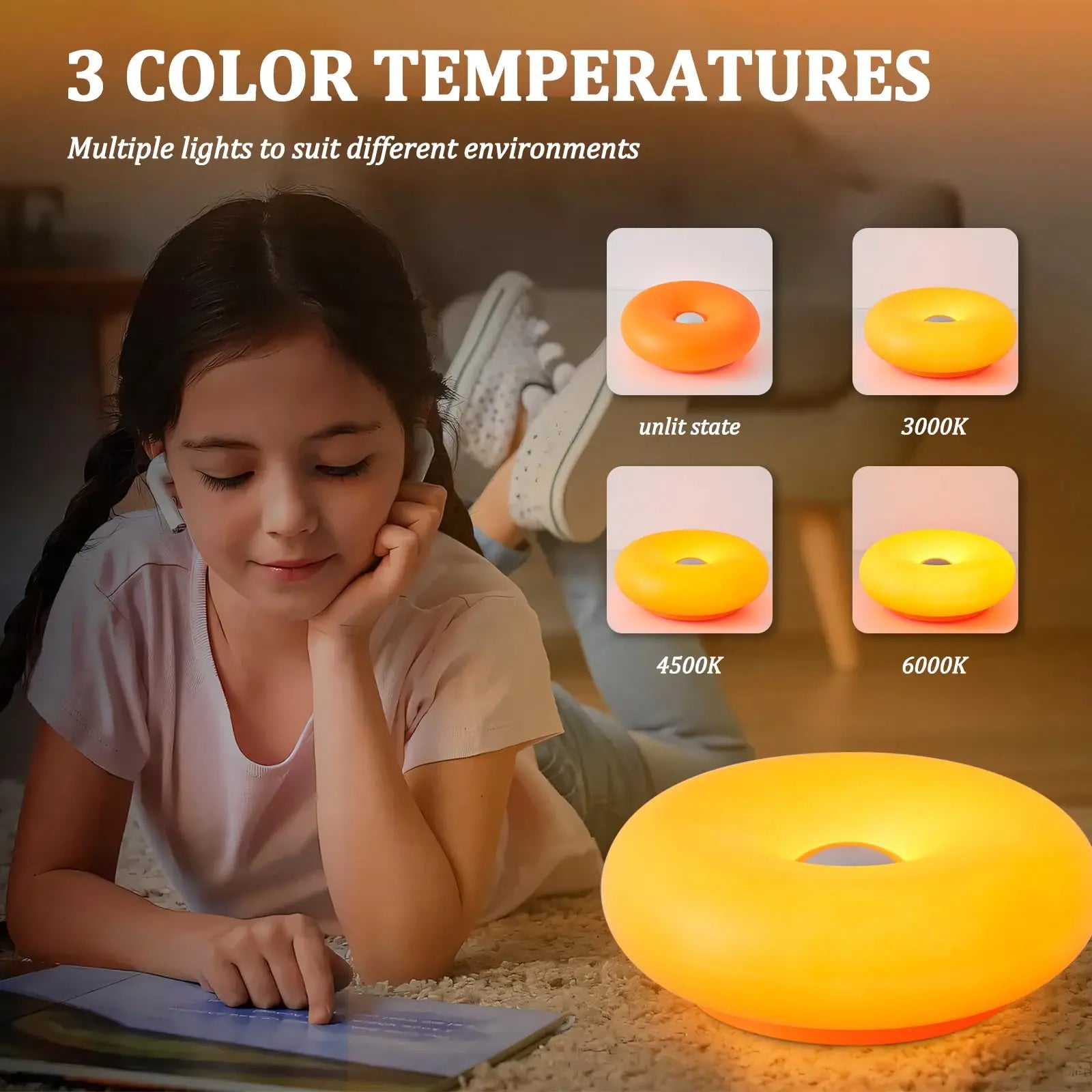 Orange Donut Cozy Lamp，Doughnut LED Night Lamp – Ambient Light, Touch Control,Aesthetic Home Decor & Valentine's Gifts,Birthday(White, Orange,Pink)