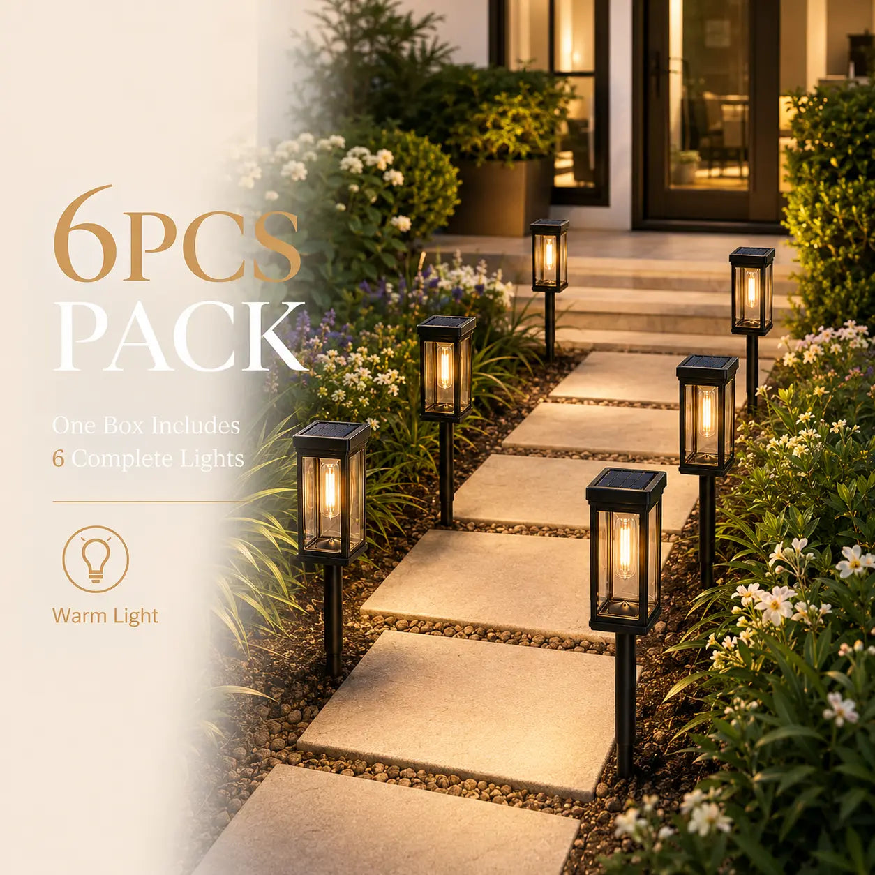 6 Pack Solar Pathway Lights Outdoor, Warm White Waterproof Garden Stake Lights, Auto On/Off Solar Landscape Lighting for Walkway, Yard, Driveway, Patio & Flower Bed