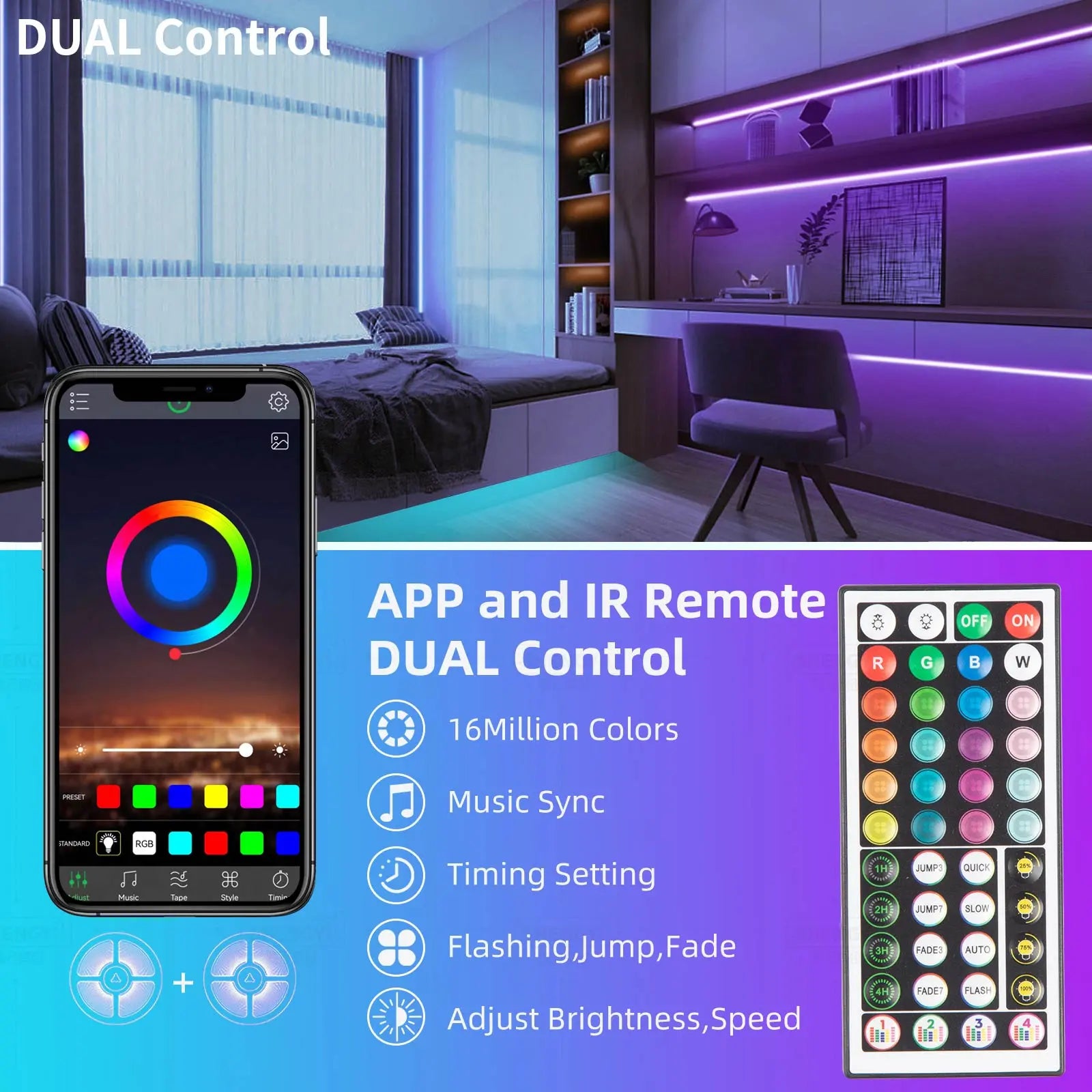 200FT Led Strip Lights RGB Music Sync for Bedroom ,more 100ft 50ft Bluetooth Christmas Lights with Smart App and  Remote Control Indoor Lighting, for room decorating party decor