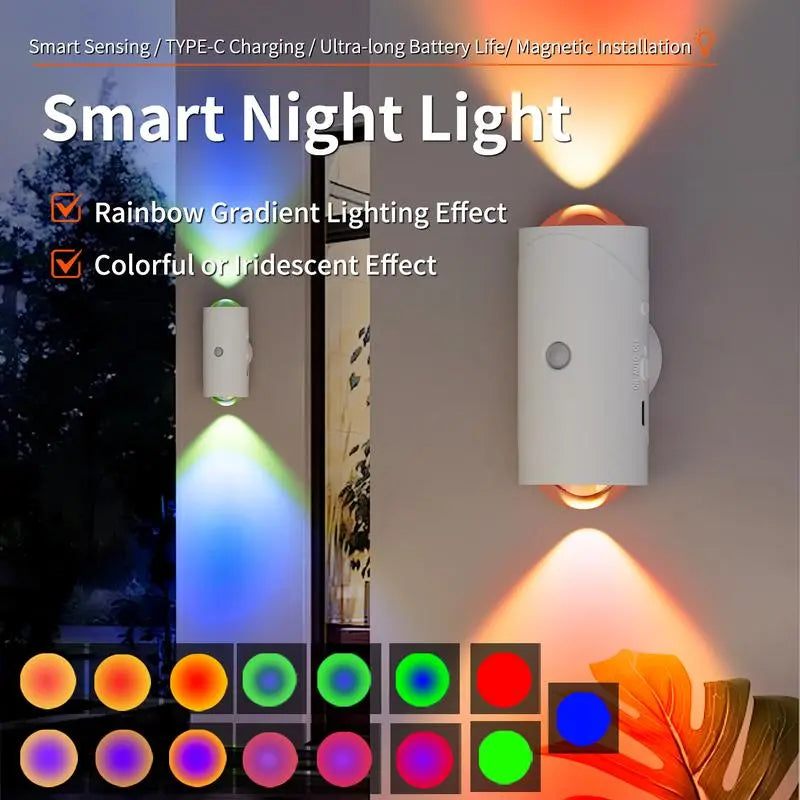 Motion Sensor Light Indoor, Rechargeable Battery Night Light, Ultra-Long Battery Life, Magnetic Stick On Motion Sensor Light 3 Brightness Adjustment Modes for Bedroom, Stairway, Hallway, Outdoor, RGB, Sunset Night Lamp, Christmas, dimmable wall lamp fathe