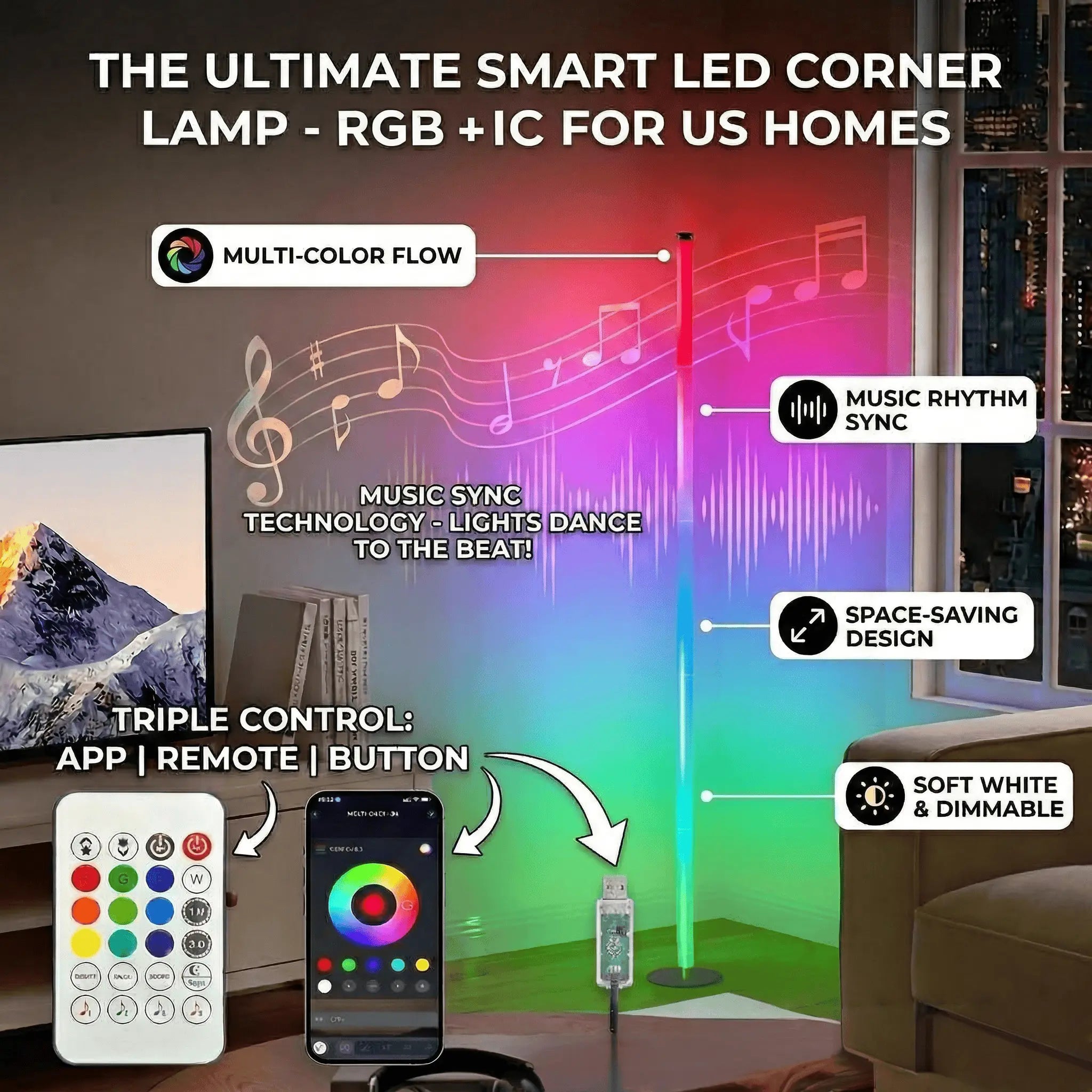 RGB IC LED Corner Floor Lamp Smart APP Control Remote Control Music Sync Dynamic Lighting DIY Colors Timer Scene Modern Ambient Light for Home Bedroom Gaming Room Party Deco