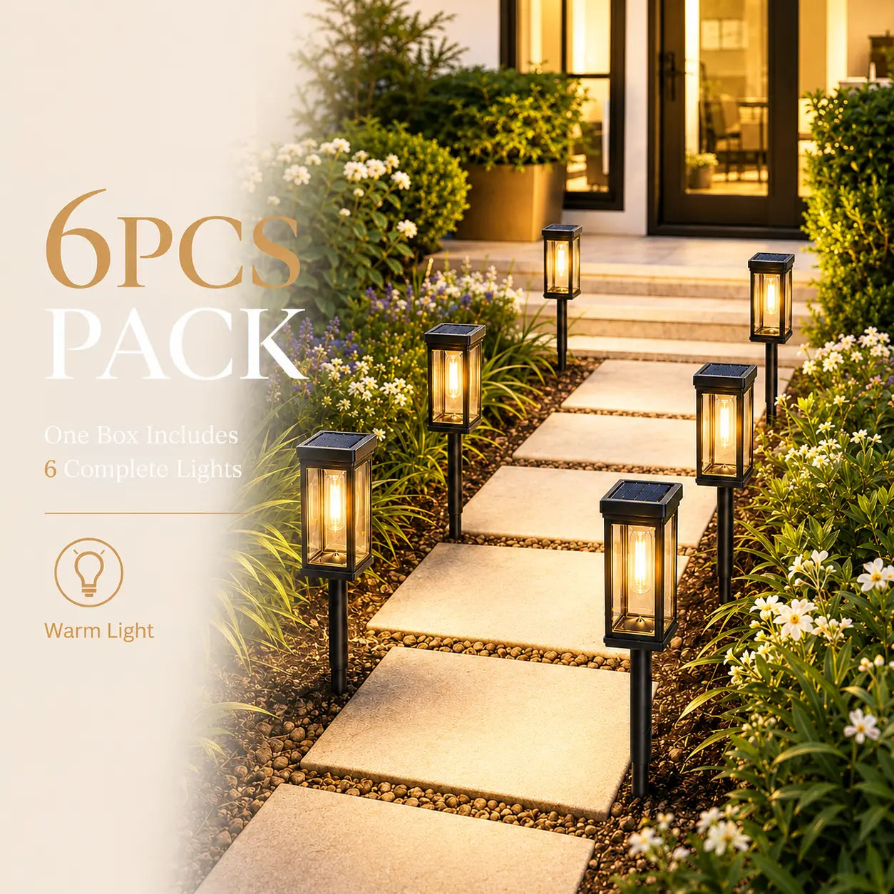 6 Pack Solar Pathway Lights Outdoor, Warm White Waterproof Garden Stake Lights, Auto On/Off Solar Landscape Lighting for Walkway, Yard, Driveway, Patio & Flower Bed