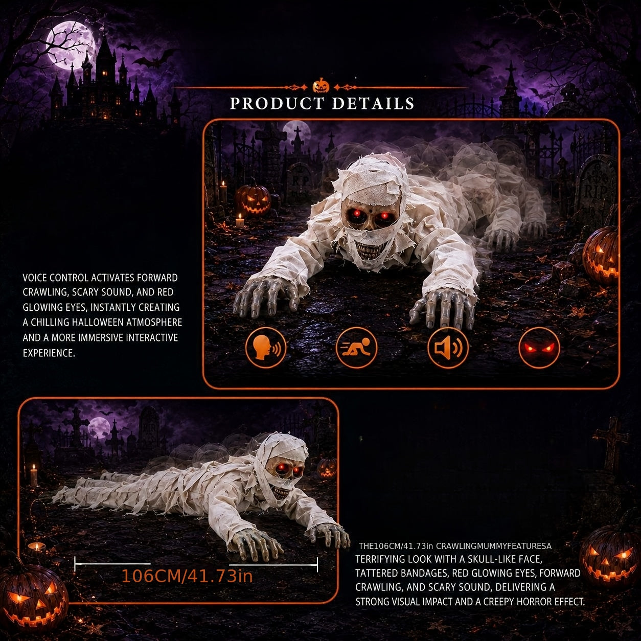 42-Inch for halloween Crawling Mummy Decoration, Sound Mummy Props, Paired with Glowing Eyes And Terrifying Sound Effects - Not Included, Scary Outdoor Courtyard Haunted House Party Decoration, Suitable for Halloween Parties, Scary Nights