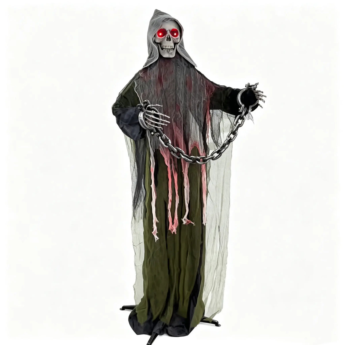 FLACCHI 6FT Life-Size Animated Halloween Skeleton Ghost, Sound-Activated Standing Ghost with Glowing Red Eyes, Moving Arms, Black Robe, Bloody Gauze & Chain Shackles for Haunted House, Yard, Porch and Party Plastic