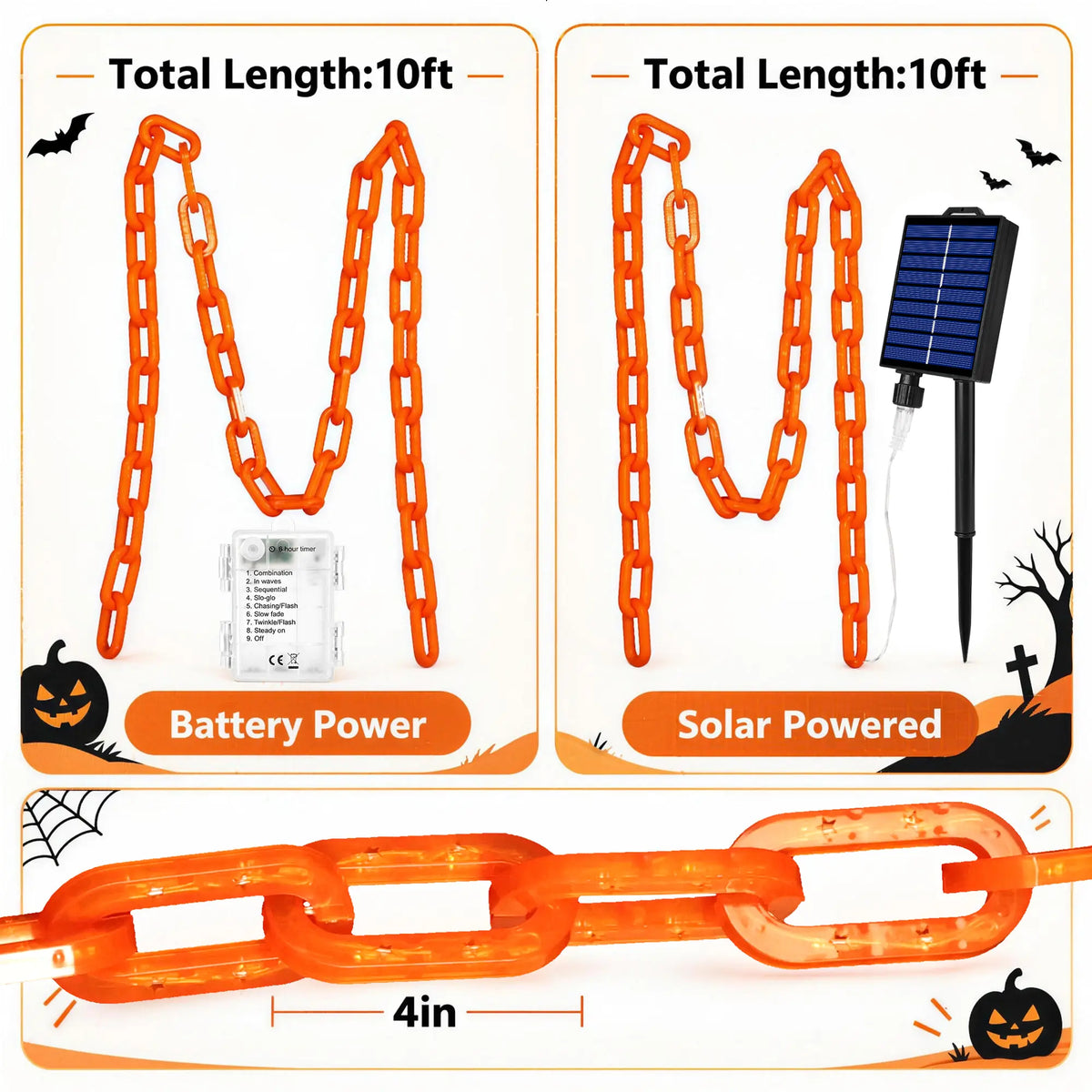 Flacchi Outdoor Halloween Chain Lights  (Solar/Battery)  160 LEDs. Waterproof plastic, 8 lighting modes. Perfect spooky hanging decor for Halloween parties, bushes, fences, and patios. Orange/Purple
