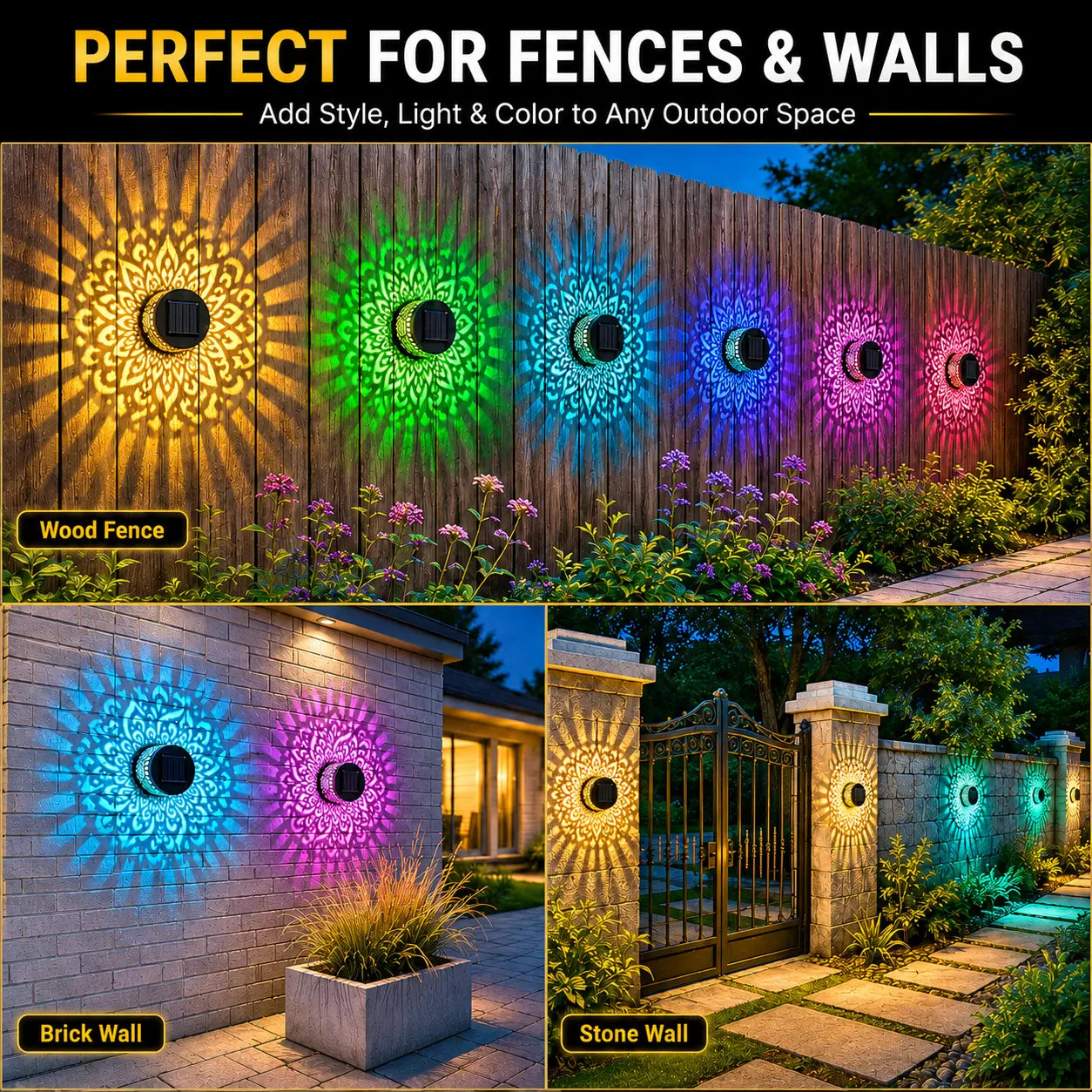 2 Pack Solar Mandala Wall Lights Outdoor, 7 Color Changing Waterproof Solar Fence Lights for Garden Patio Yard Backyard Decor