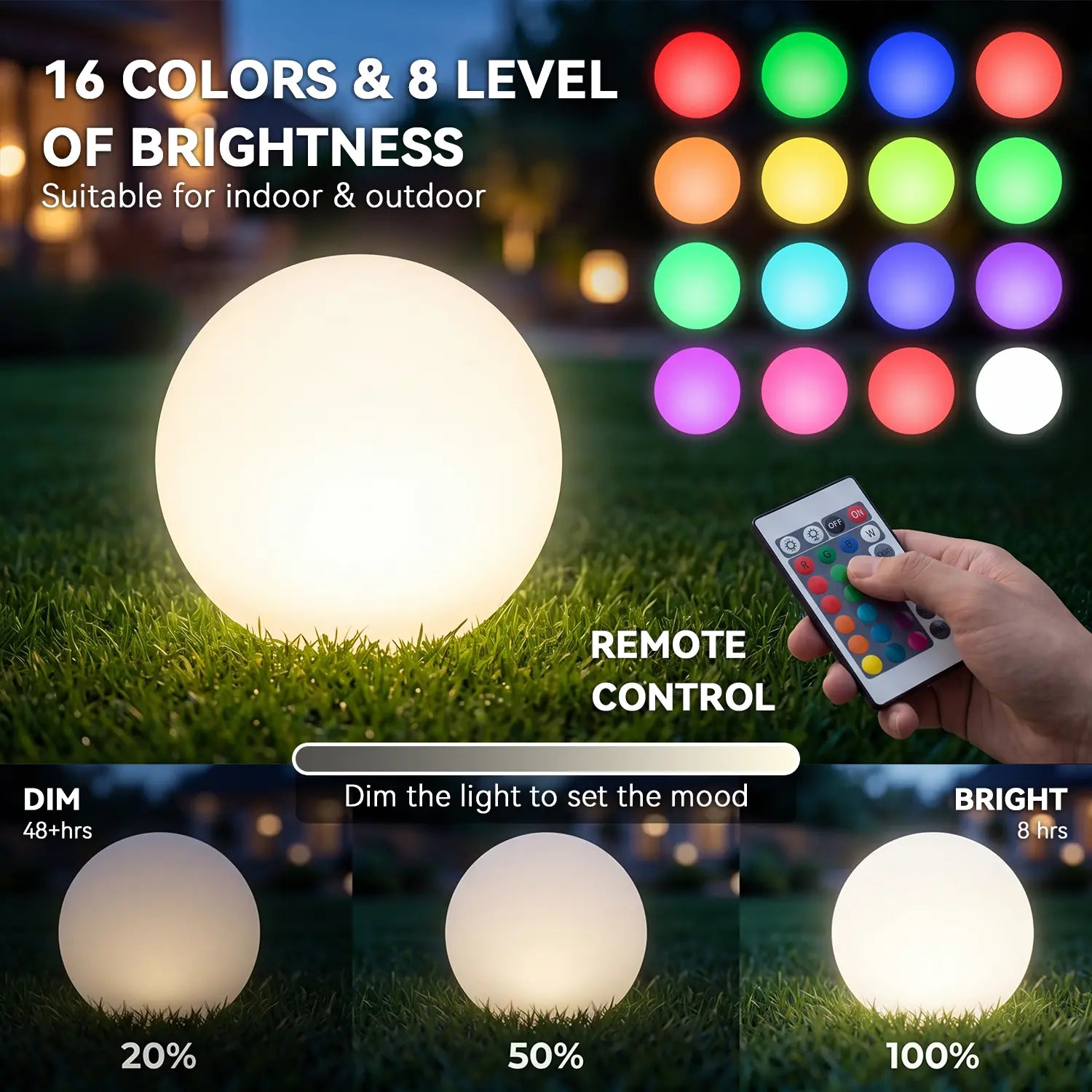 Hoodink 8-in Solar Globe Light Outdoor, Waterproof Solar Ball Light for Outside w/Remote, 16 RGB Color Changing Glowing Orb Lamp Landscape Lighting Mood Lamp w/Ground Stake for Garden Patio Yard Pathway Decor mothersdaygiftideas
