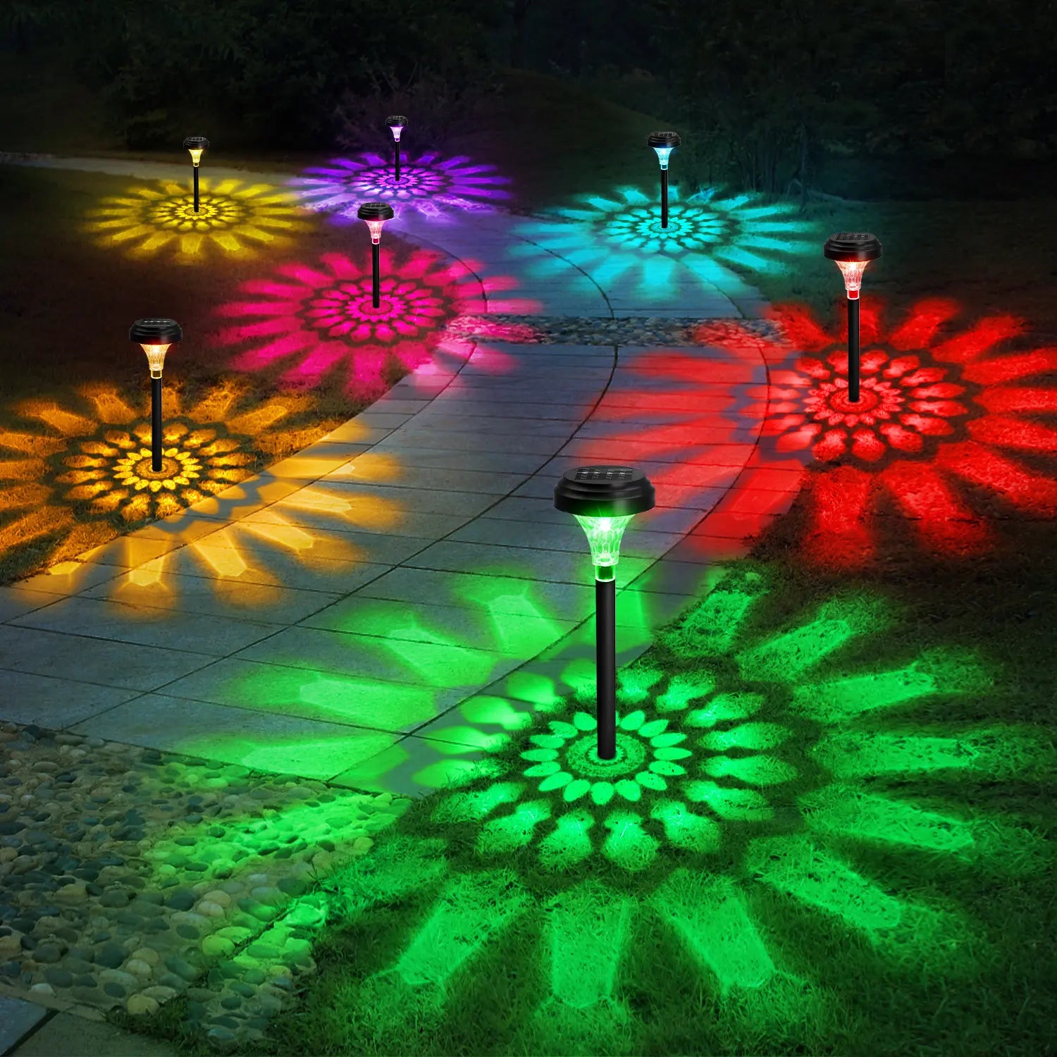 Nupostai Bright Solar Pathway Lights, Color Changing & Warm White, IP67 Waterproof, Auto Work, Sunflower Pattern, Outdoor Garden Lights for Walkway, Yard, Backyard, Patio, Landscape Decor, Halloween, Christmas