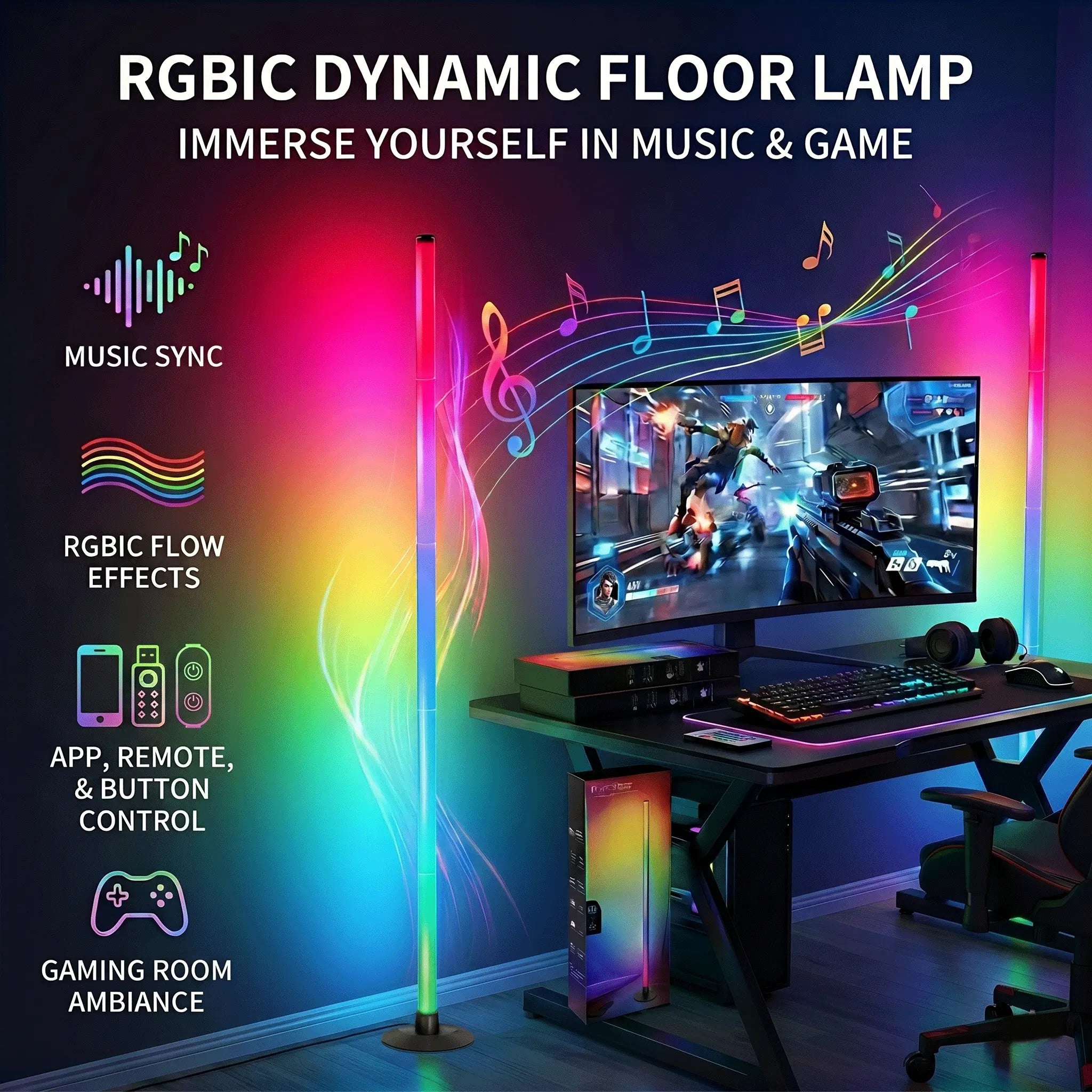 Smart RGBIC LED Floor Lamp with Segmented Rainbow Lighting, Timer and Night Light Mode, APP Control and Remote Control, Modern Corner Lamp for Home Office, Bedroom, Living Room, Gaming Room, Studio and Entertainment Space